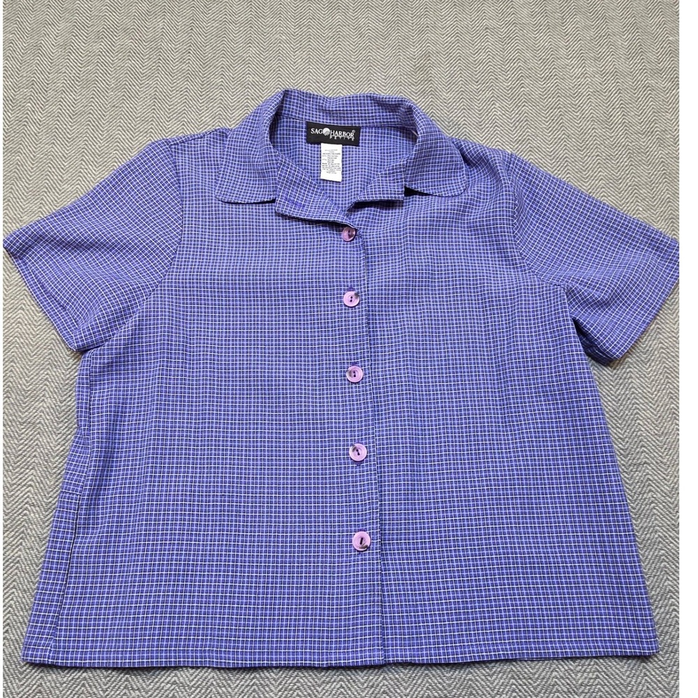 Sag Harbor Petite Blue Gingham Short Sleeve Button Down Shirt T12101 Medium